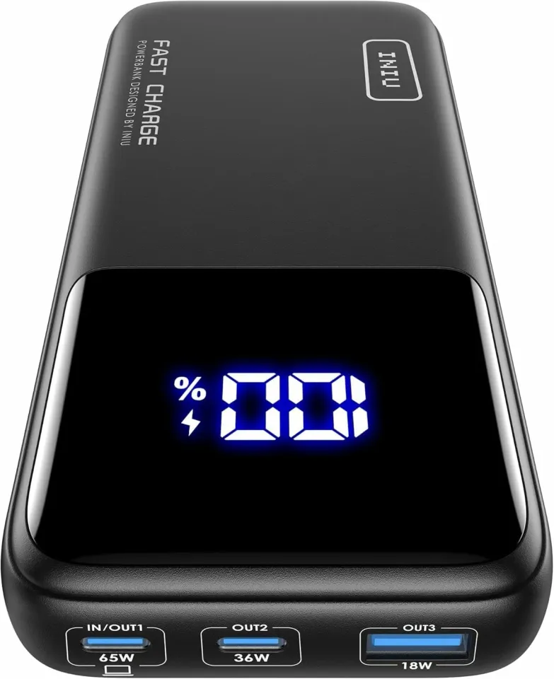 INIU B62 power bank, front view with its 65W and 36W USB-C and 18W USB-A ports