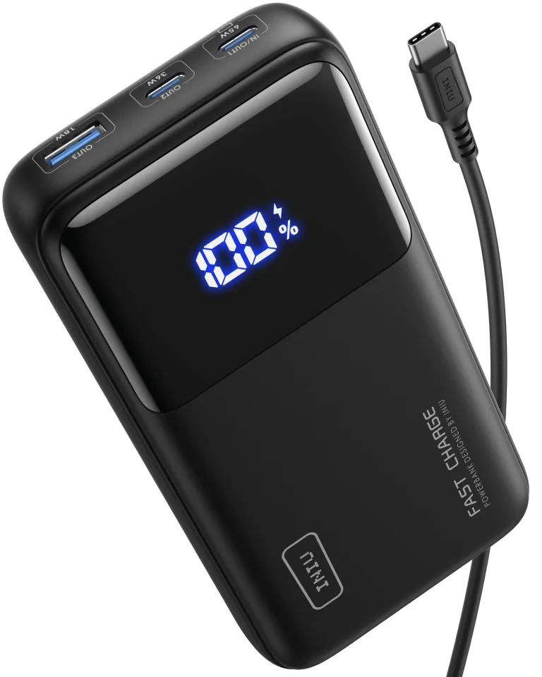 INIU B62 power bank at an angle, with a USB-C cable plugged in