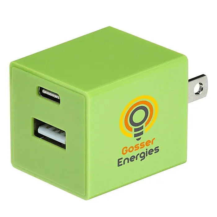 Cargador de pared dual USB-C con logo a full color impreso en el costado
