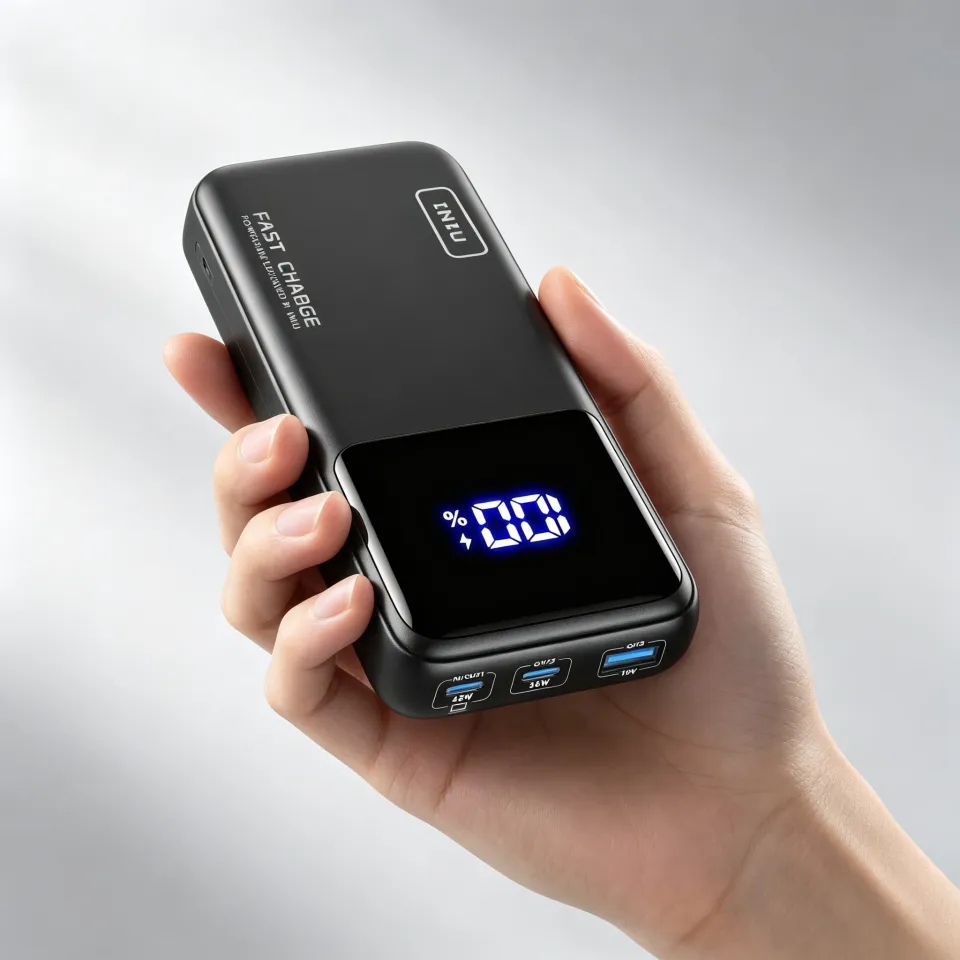 INIU B62 power bank in hand, with the battery % display