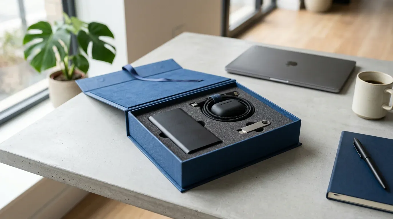 Corporate tech kit with power bank, earbuds, and USB drive