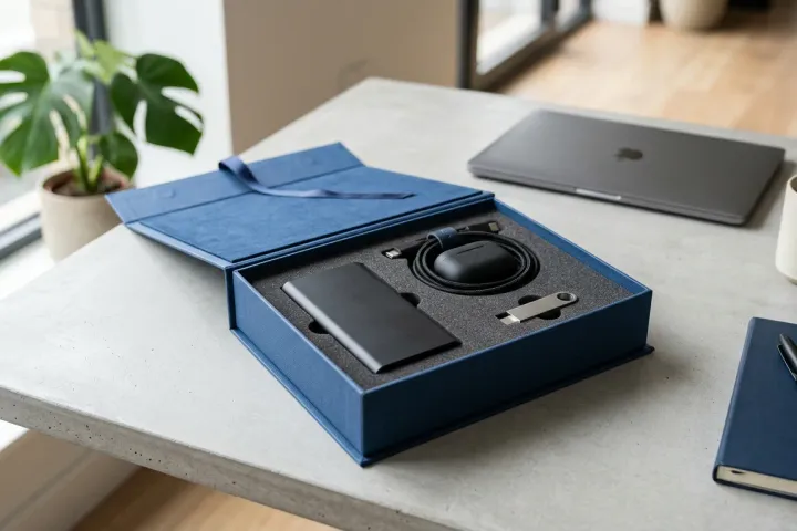 Corporate tech kit with power bank, earbuds, and USB drive